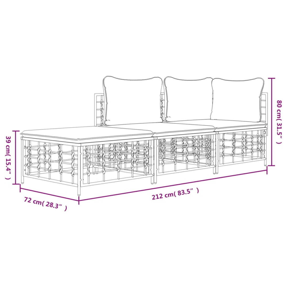 Outdoor-Ecksofa mit Abmessungen. Es hat weiße Kissen und besteht aus Korbmaterial.