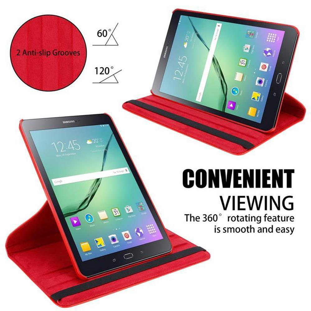 Tablet in roter Hülle, zeigt bequeme Betrachtungswinkel und Anti-Rutsch-Rillen für sichere Nutzung.