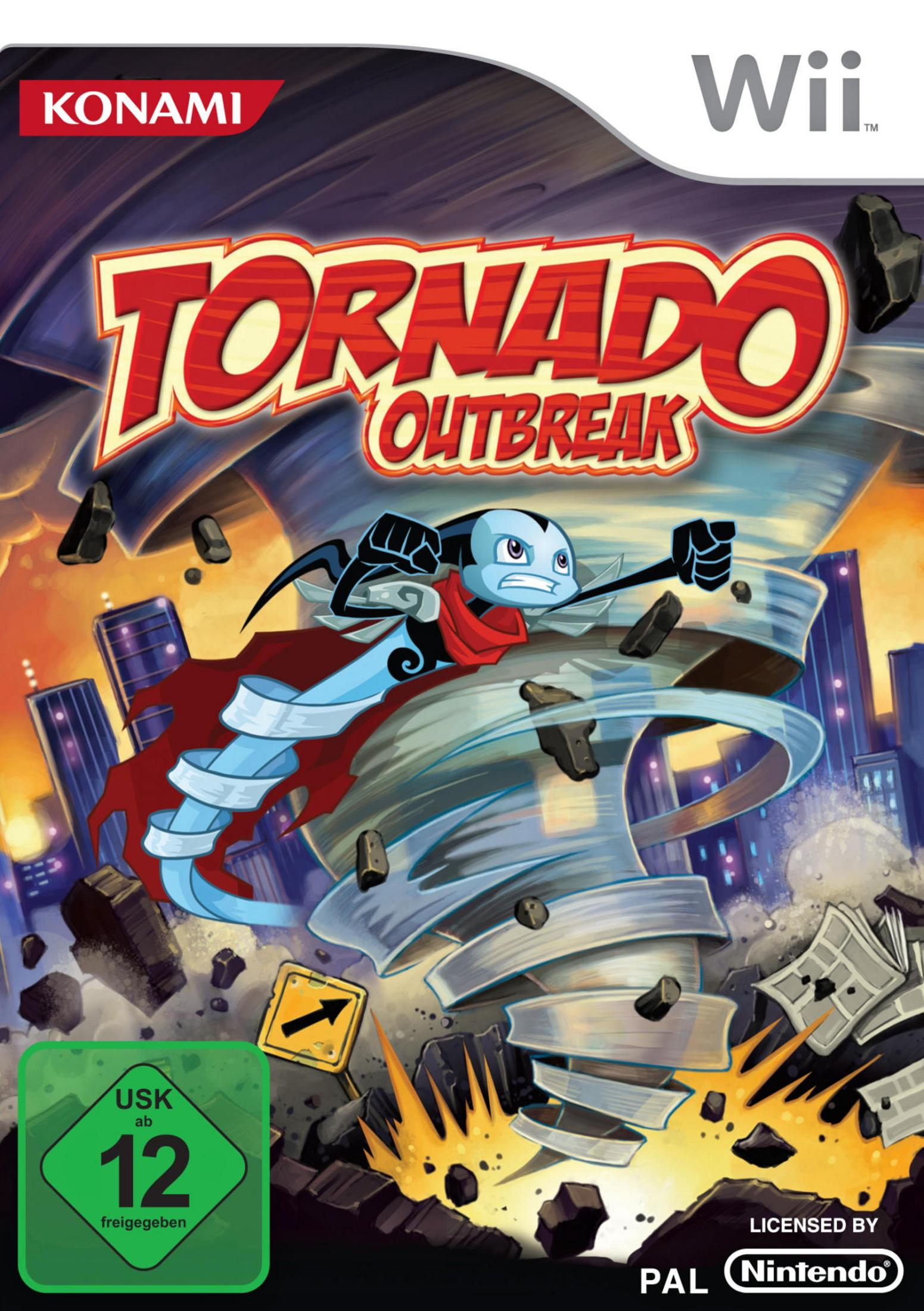 Wii-Spielcover für Tornado Outbreak. Enthält eine blaue tornadoartige Figur und den Spieletitel.