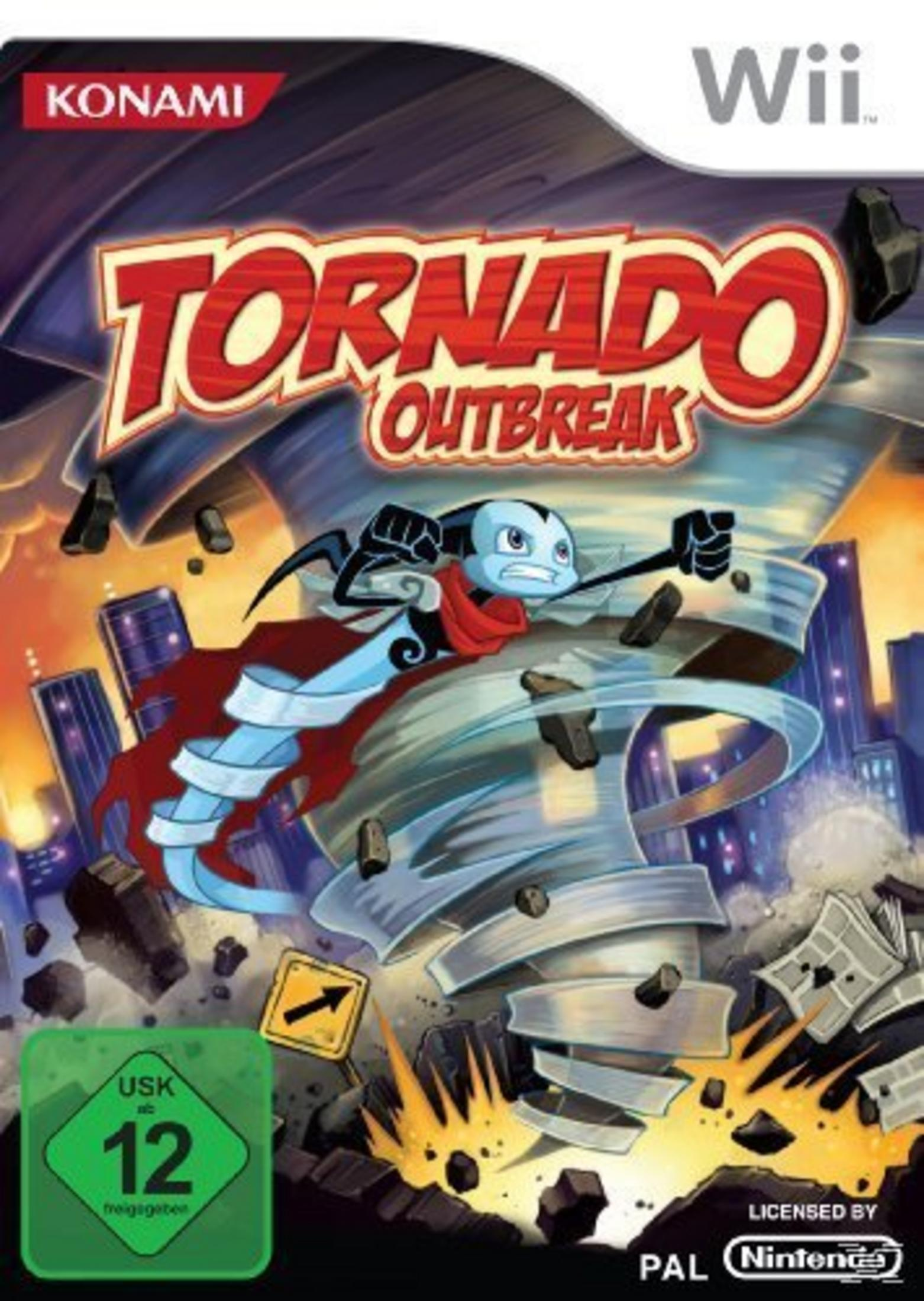 Wii-Spielbox für 'Tornado Outbreak'. Eine Zeichentrickfigur in einem Tornado vor Stadtkulisse.