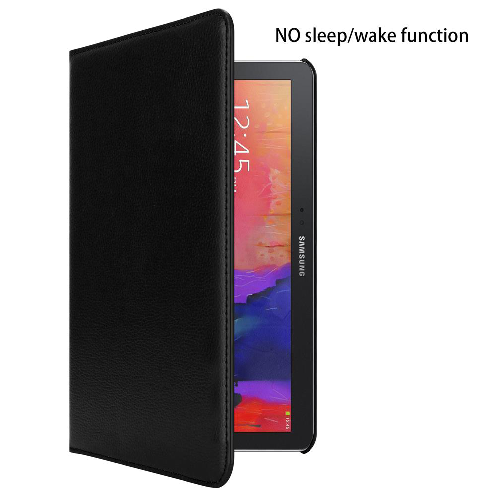 Tablet in schwarzer Hülle, halb geöffnet. Anzeige zeigt Uhrzeit, schwarzer Hintergrund.