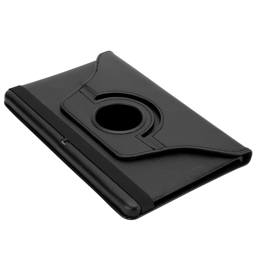 Schwarze Tablet-Hülle aus Leder mit Drehring und elastischem Riemen.