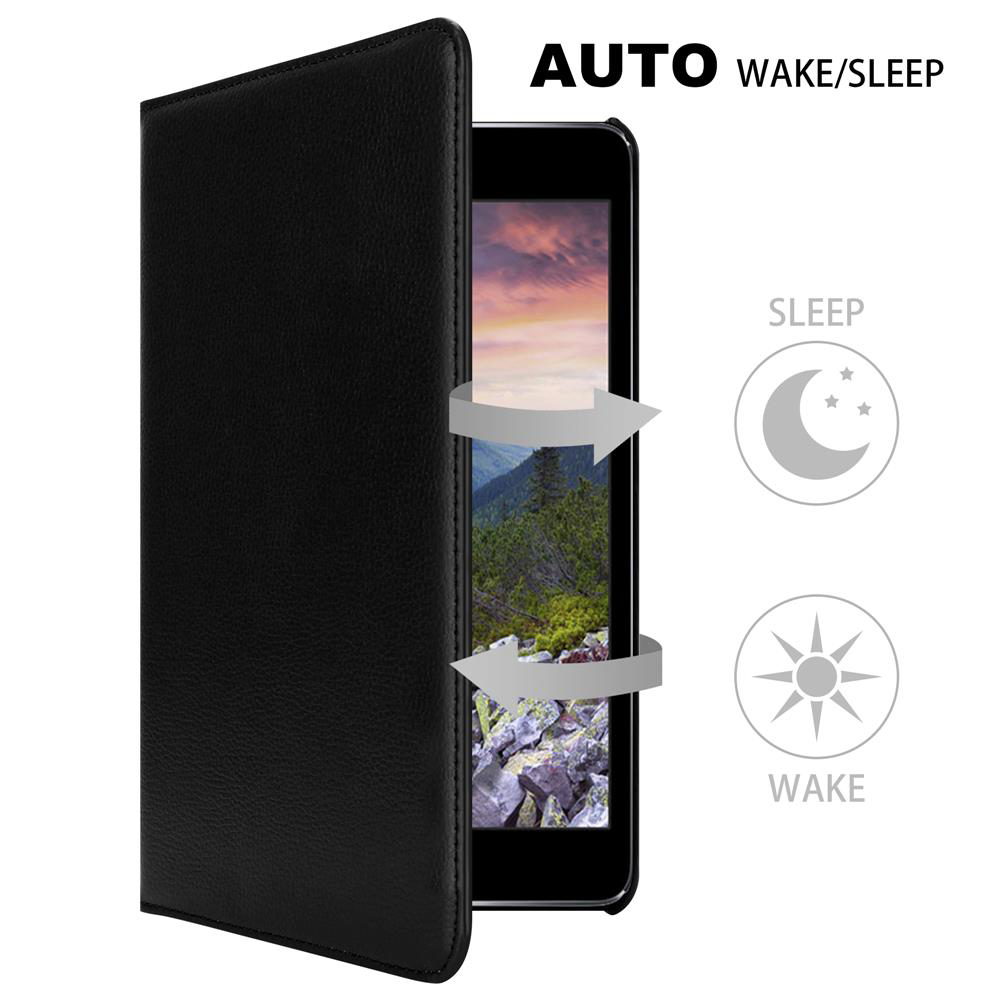 Schwarze Tablet-Hülle mit Tablet-Inhalt, Landschaft, und Text: Auto Wake/Sleep.
