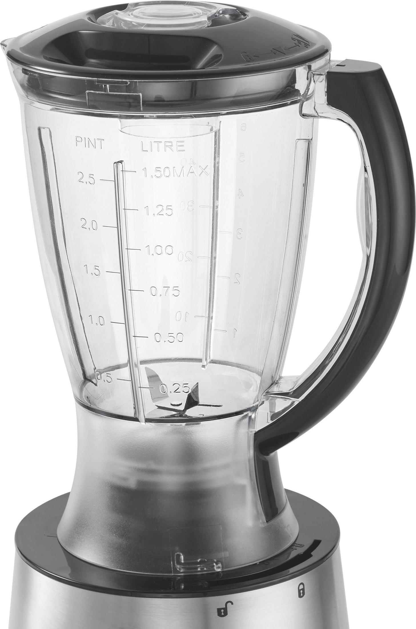 Blender z przezroczystym pojemnikiem i czarnym uchwytem, na srebrnej podstawie.