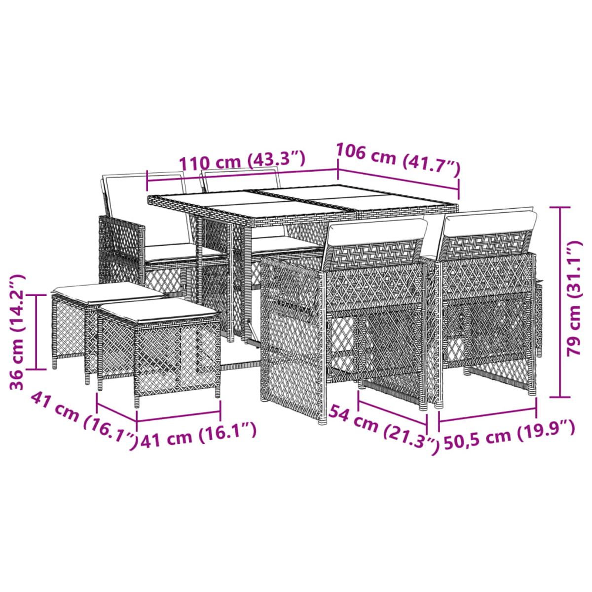 Un set di mobili da esterno in vimini con tavolo e sedute, dimensioni.