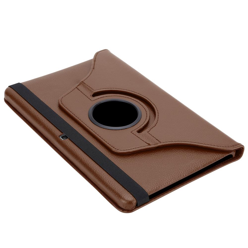 Braune Tablet-Hülle mit schwarzem elastischem Riemen und Drehring.