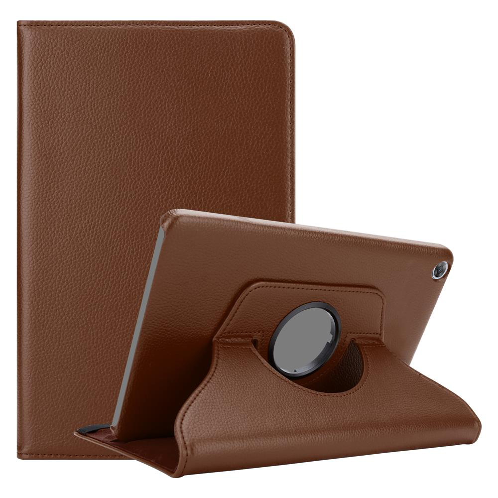 Braune Leder-Tablethülle mit Ständer und Tablet darin.