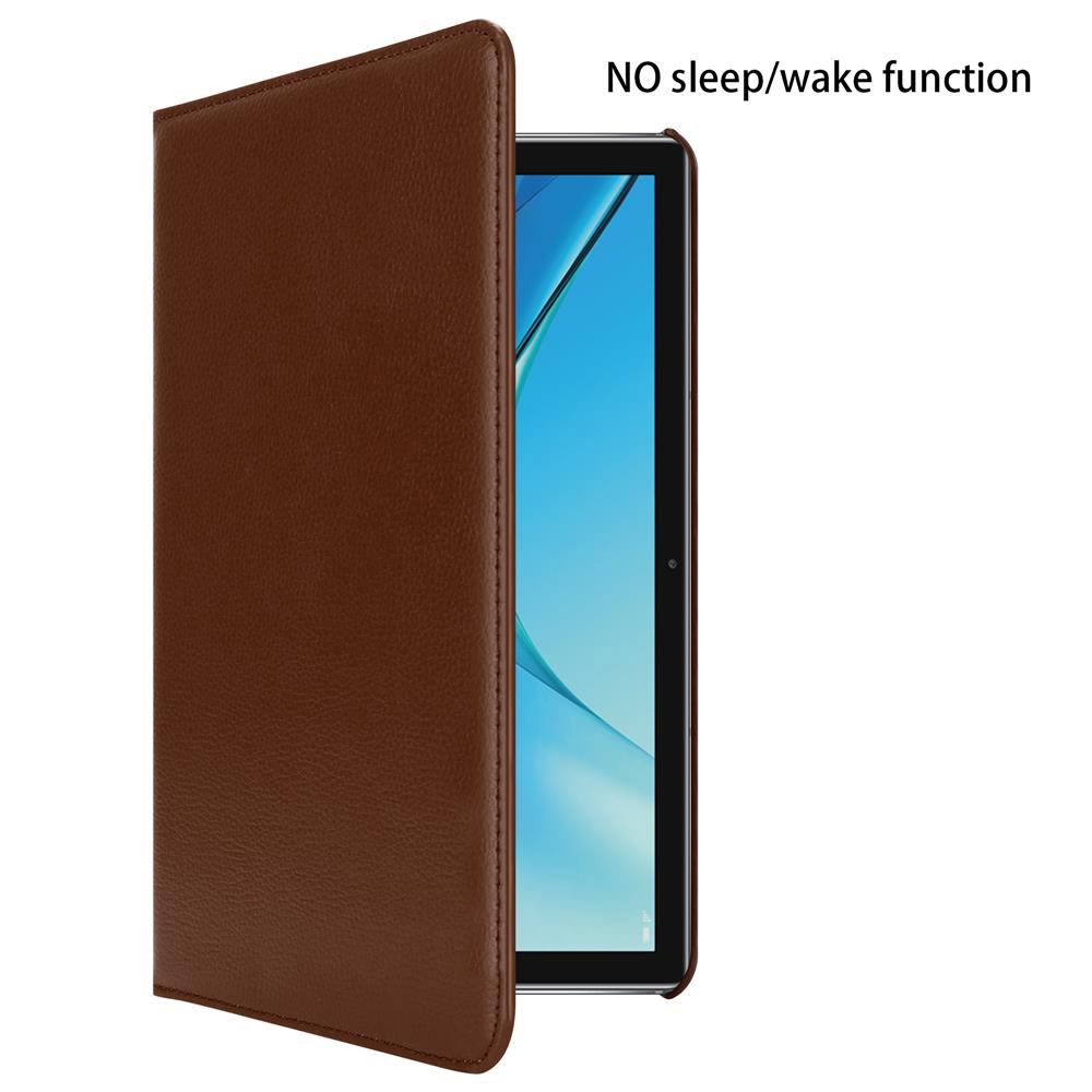 Eine braune Tablet-Hülle ist geöffnet und zeigt ein Tablet. Text: 'KEINE Sleep/Wake-Funktion'.
