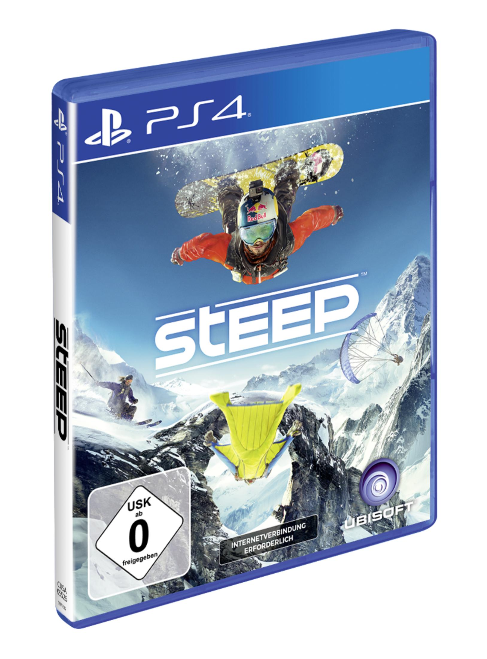 Steep PS4-Spielcover. Snowboarder in der Luft mit Bergen im Hintergrund.