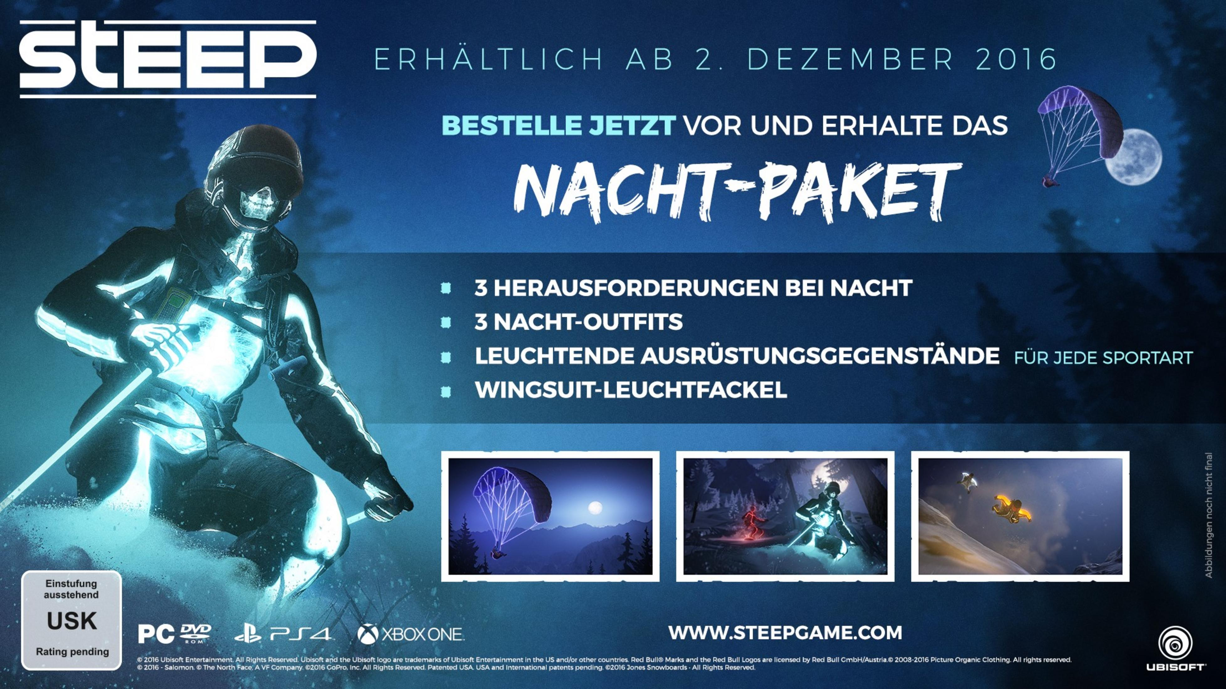 Steep-Spielwerbung mit Snowboarder und den Worten: Nacht-Paket.