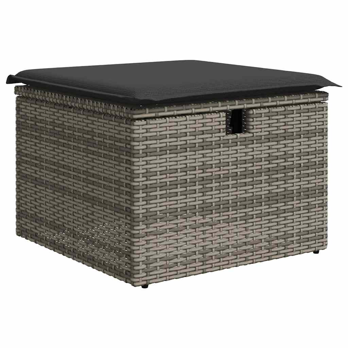 Graue Aufbewahrungsbox mit schwarzem Kissenaufsatz. Korbgeflechtstruktur. Quadratische Form.