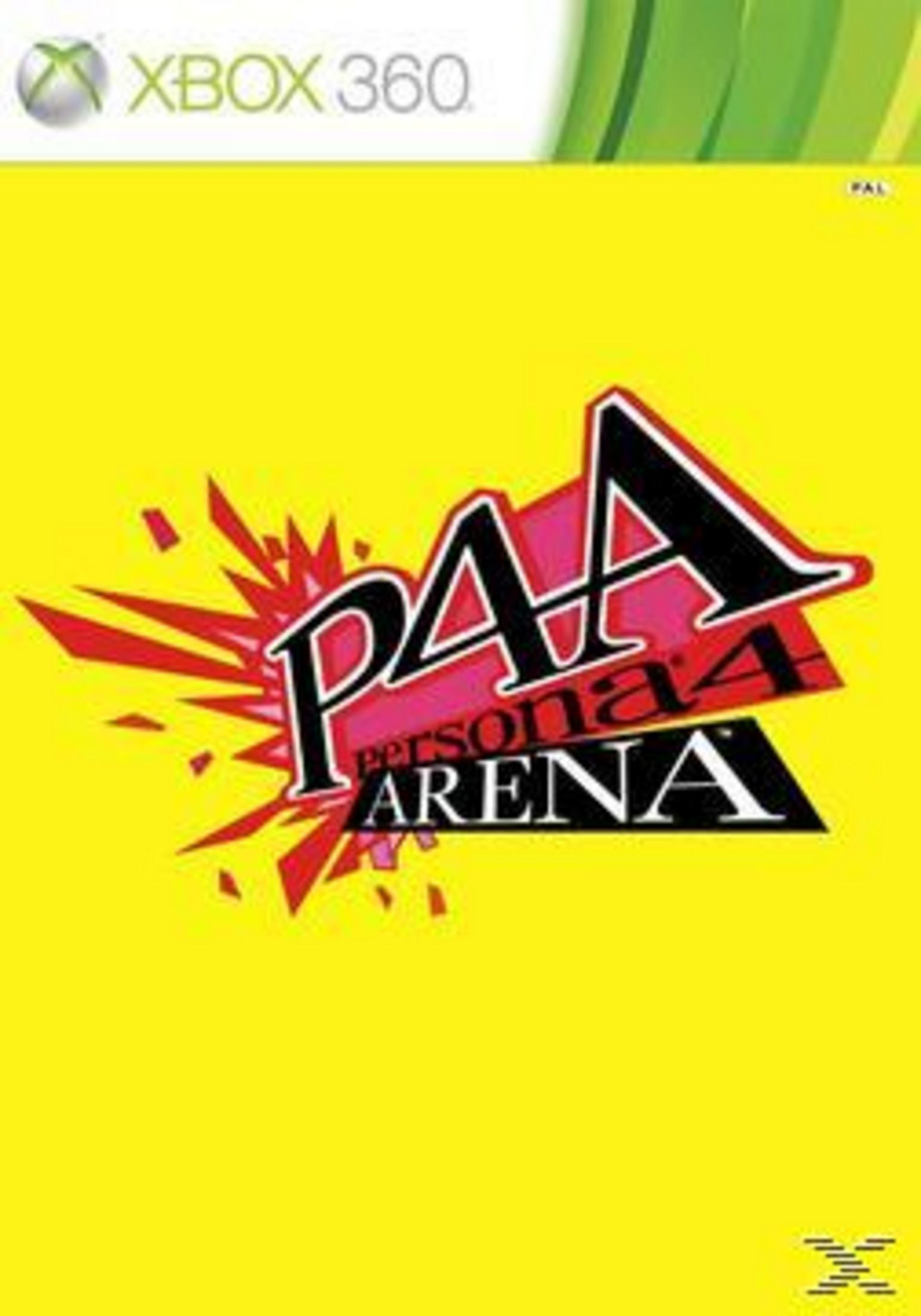 Xbox 360 Persona 4 Arena Spielcover mit gelbem Hintergrund und Charakter-Artwork.