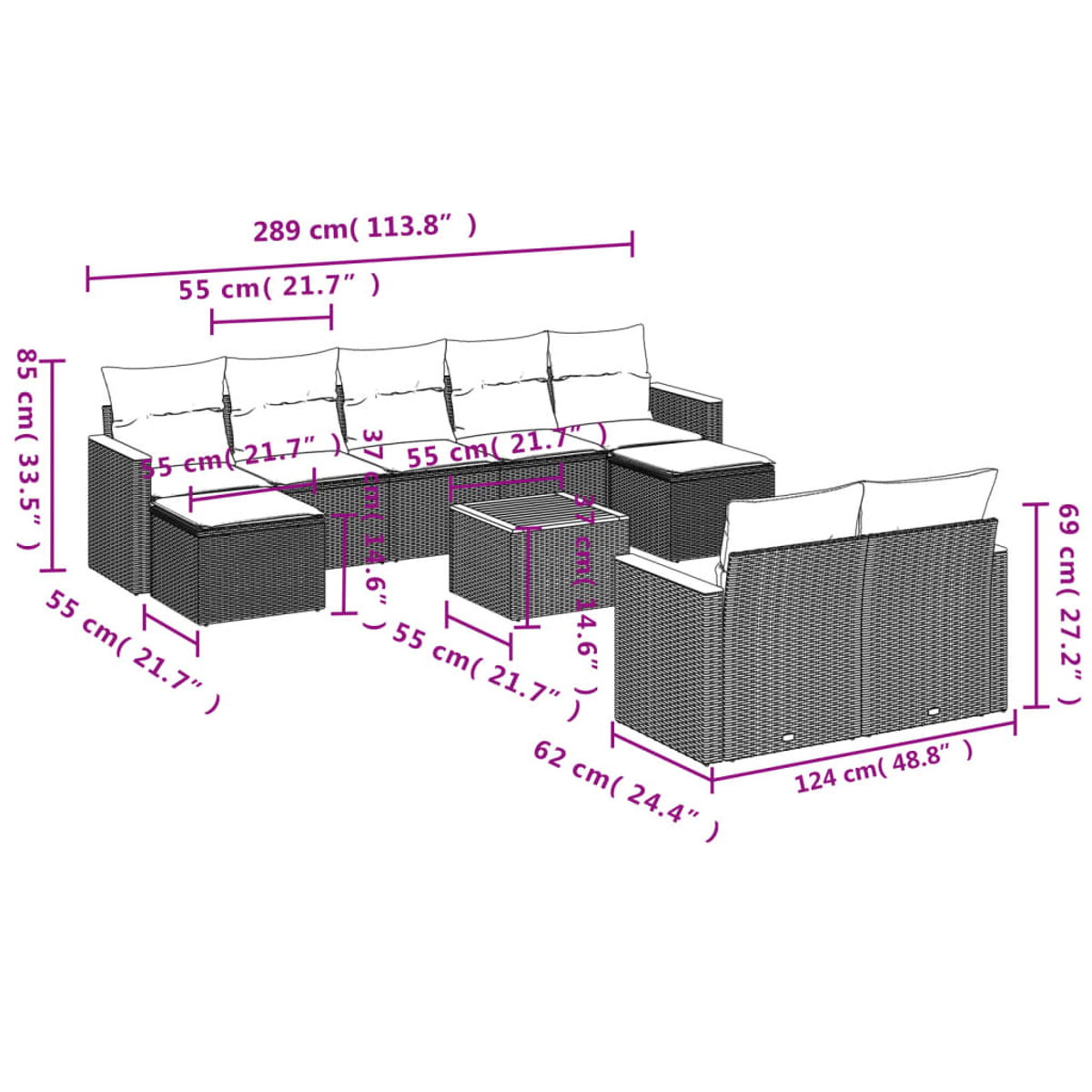Diagramm eines Outdoor-Ecksofas mit Abmessungen in cm und Zoll. Es ist aus Korbgeflecht und grau.