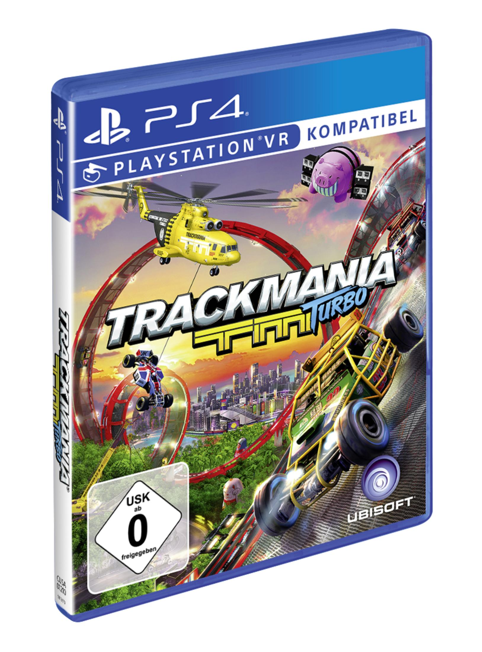 PS4-Spielverpackung für Trackmania Turbo. Autos rasen auf einer Strecke mit einem Hubschrauber am Himmel.