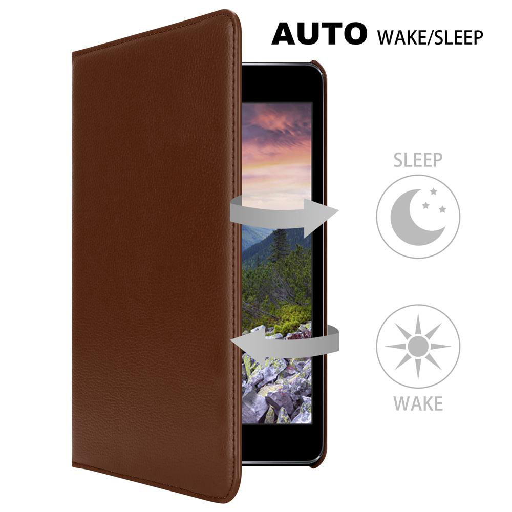 Braune Tablet-Hülle mit Tablet-Inhalt, Landschaft, und Text: Auto Wake/Sleep.