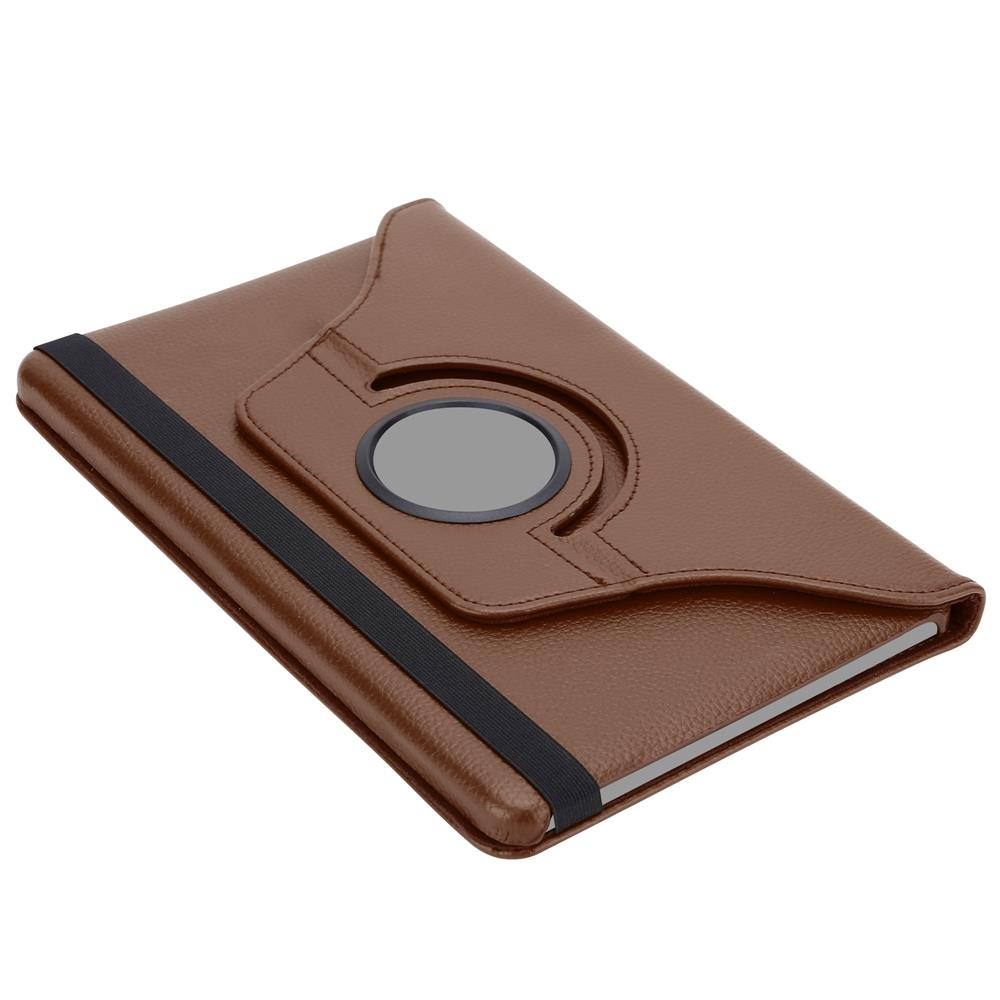 Braune Tablet-Hülle mit schwarzem Gummiband und Halterung. Hintergrund weiß.