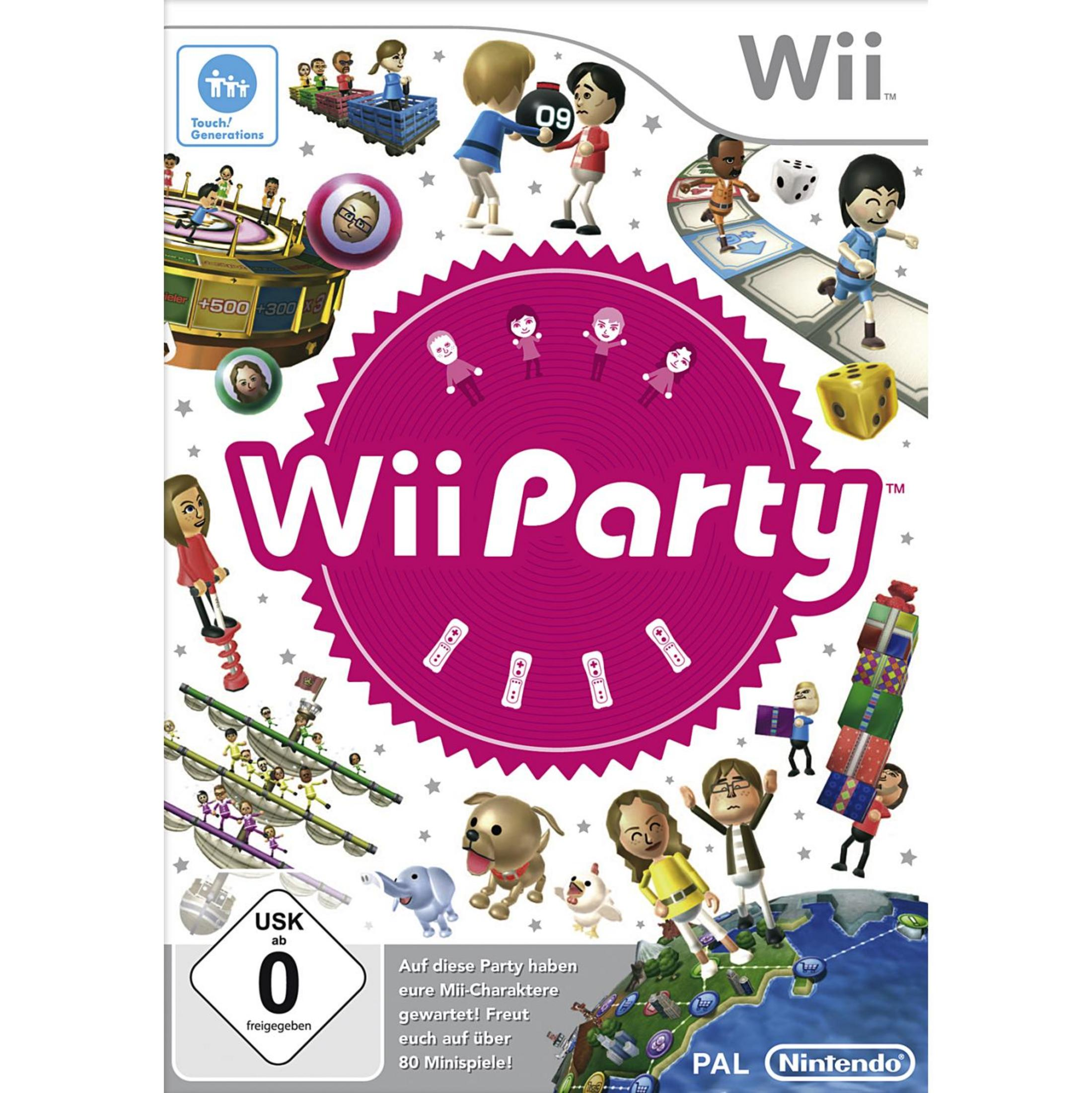 Wii Party Spielcover mit Cartoon-Charakteren und Spielelementen.