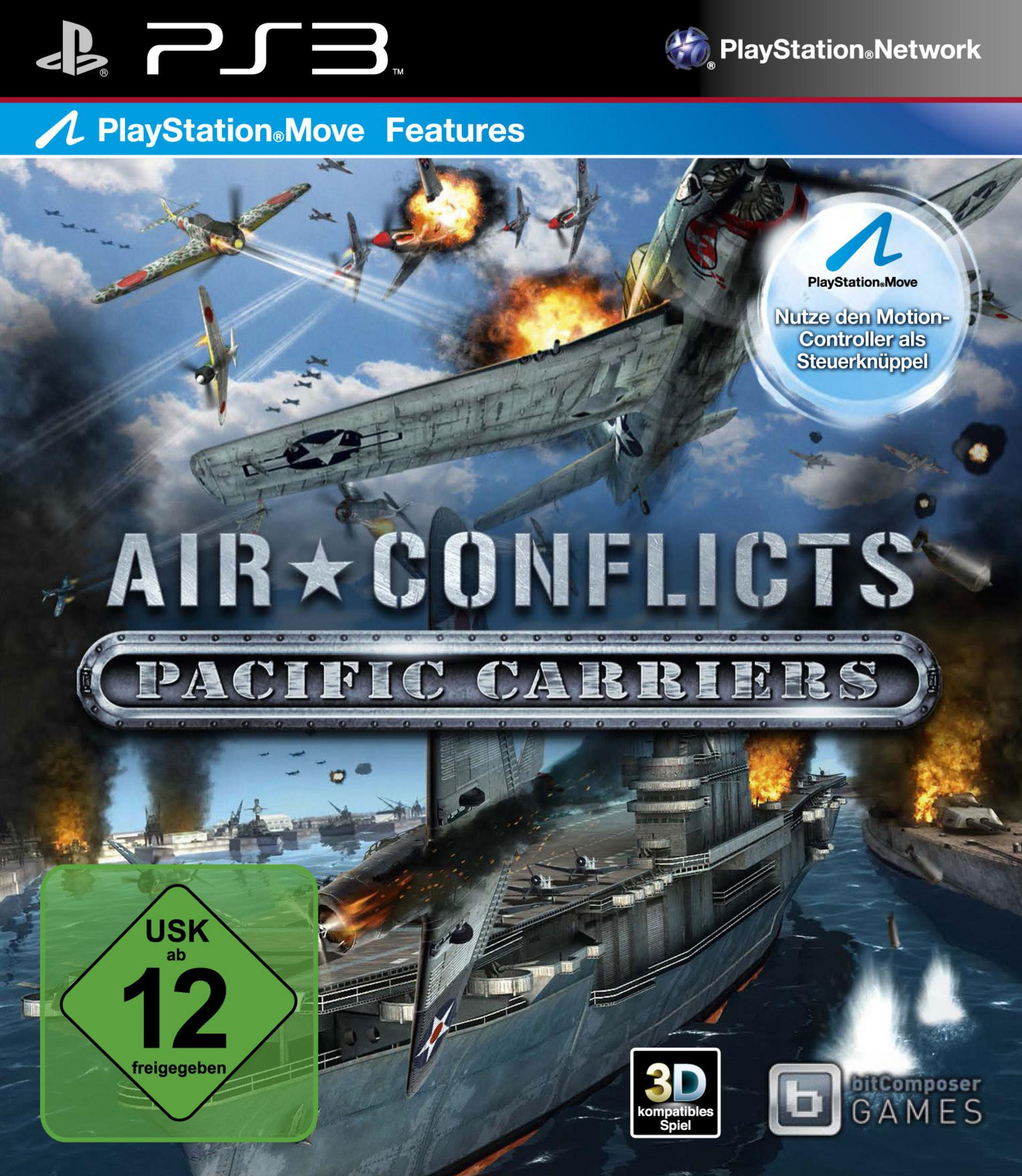 Spielcover: Air Conflicts, Pacific Carriers, PS3. Flugzeuge am Himmel, Flugzeugträger im Meer.