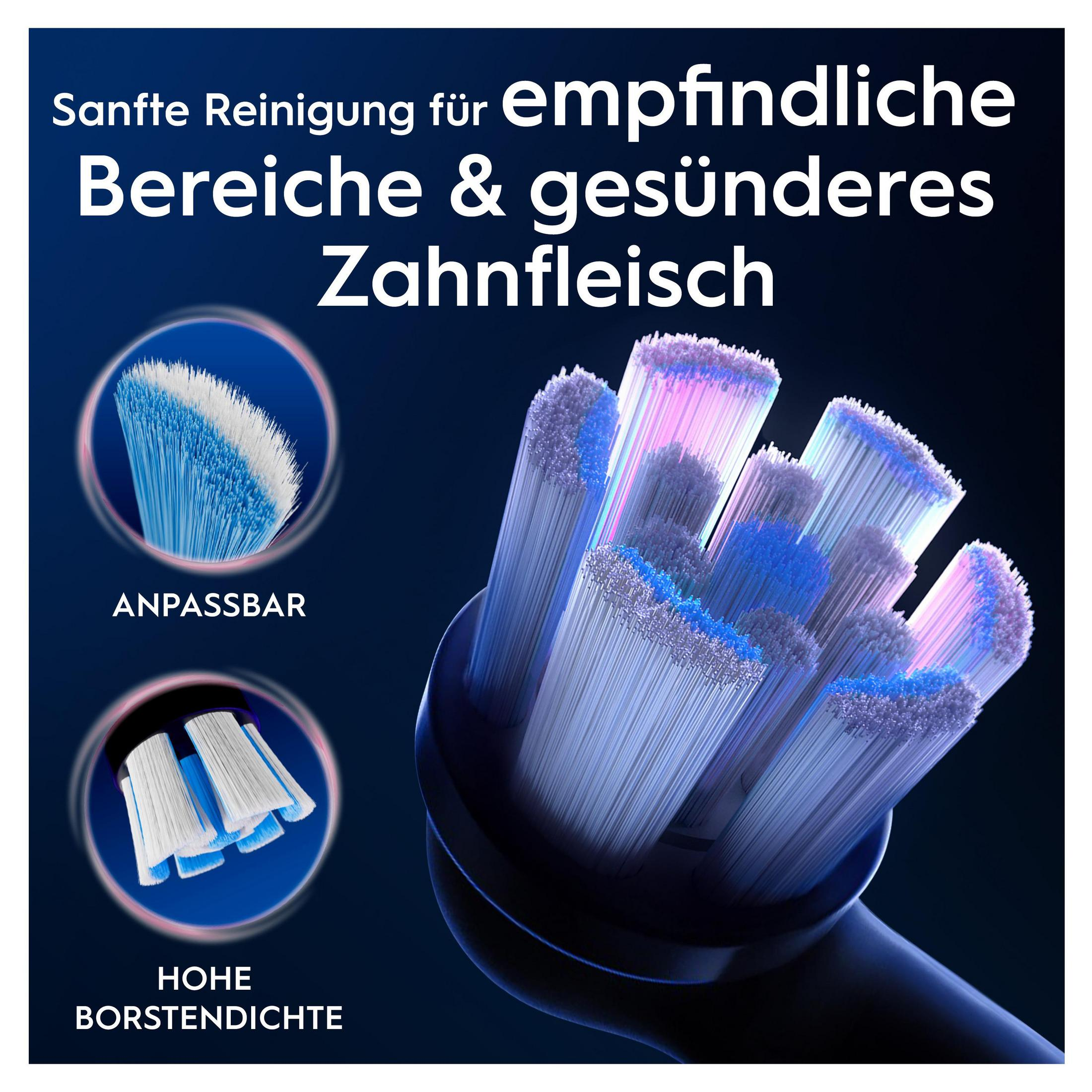 Nahaufnahme eines Zahnbürstenkopfes, Borsten und Etiketten zeigend.