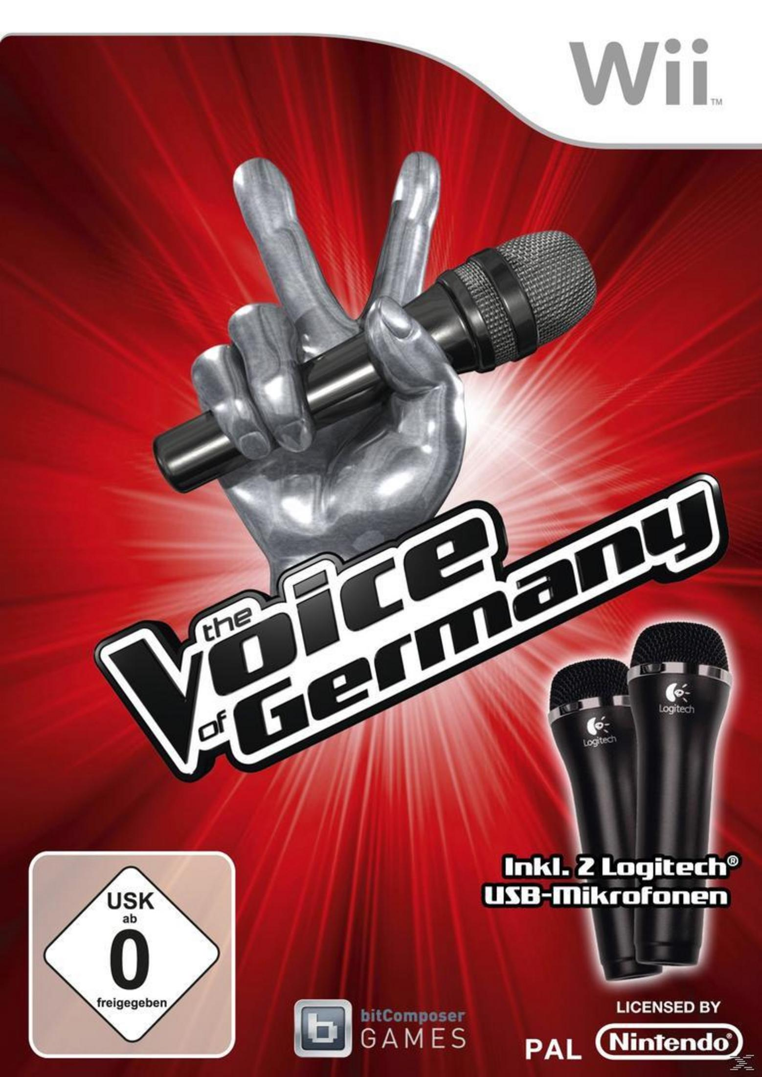 Eine Wii-Spielhülle für The Voice of Germany, mit zwei Mikrofonen und einer Hand, die eines hält.