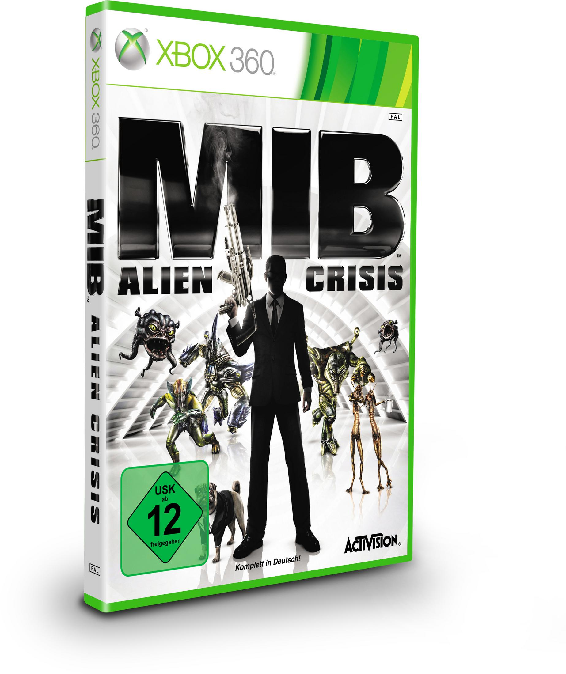 Xbox 360 Spielhülle für MIB: Alien Crisis, mit einem Mann mit Waffe und Aliens.