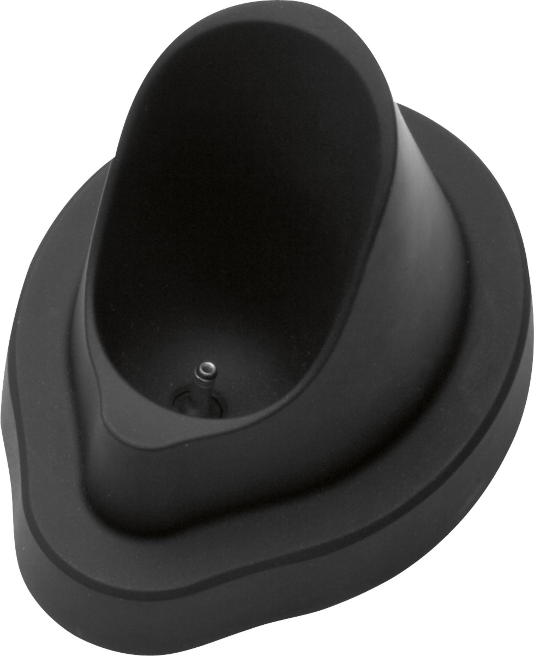 Czarna stacja ładująca o zaokrąglonym kształcie, na białym tle.