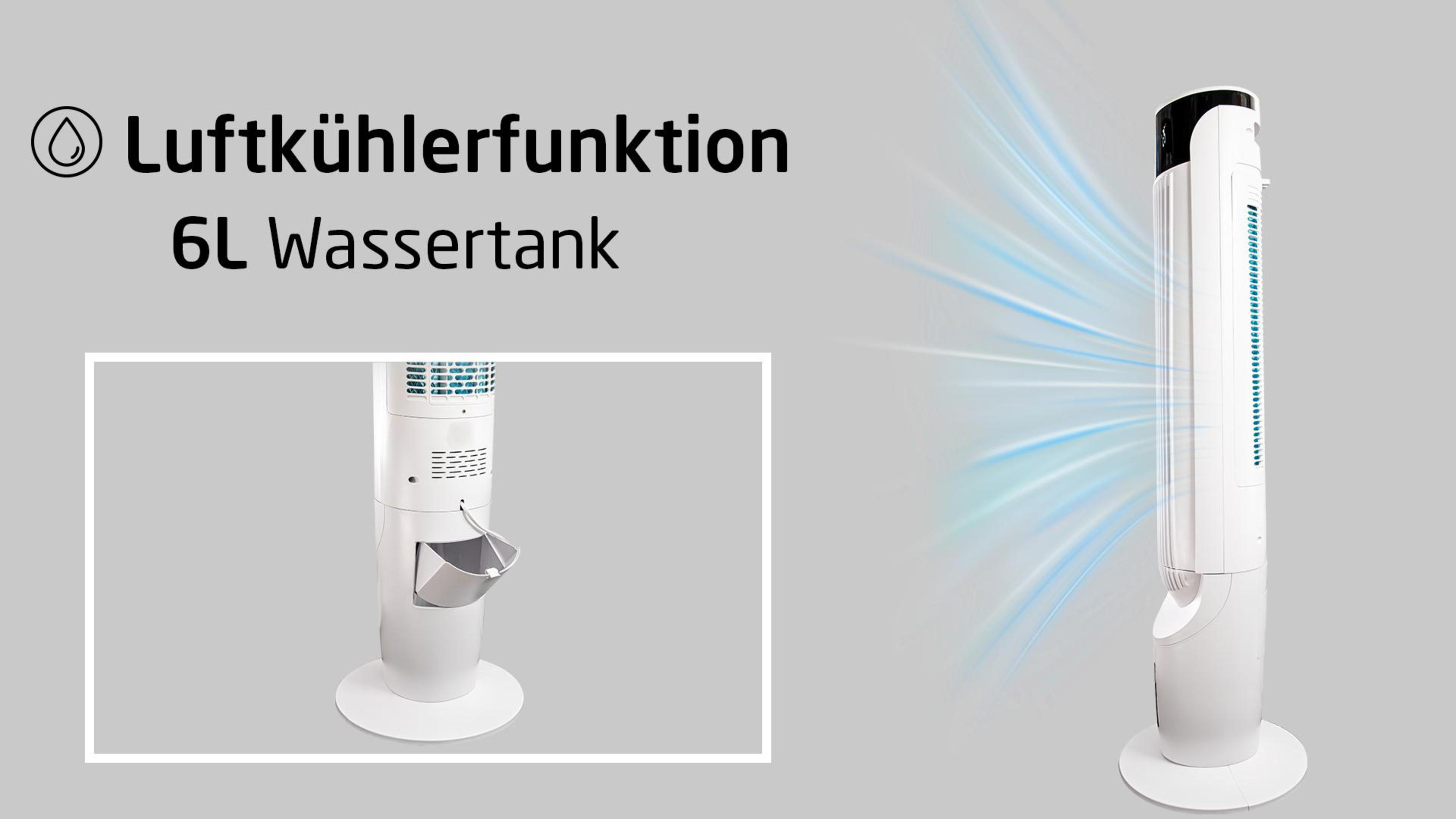Weißer Turmventilator mit Wassertank, auch Nahaufnahme des Tanks. Blaue Luftströme.
