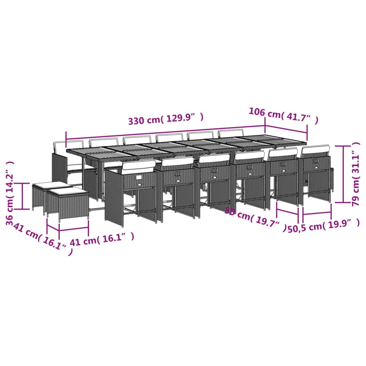 Diagramm eines Esszimmersets für den Außenbereich. Enthält Tisch und Stühle mit Abmessungen in cm (Zoll).