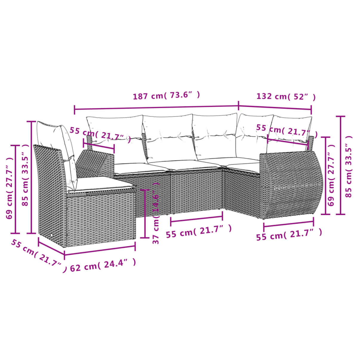 Diagramm eines L-förmigen Rattan-Ecksofas mit Abmessungen in cm (Zoll).