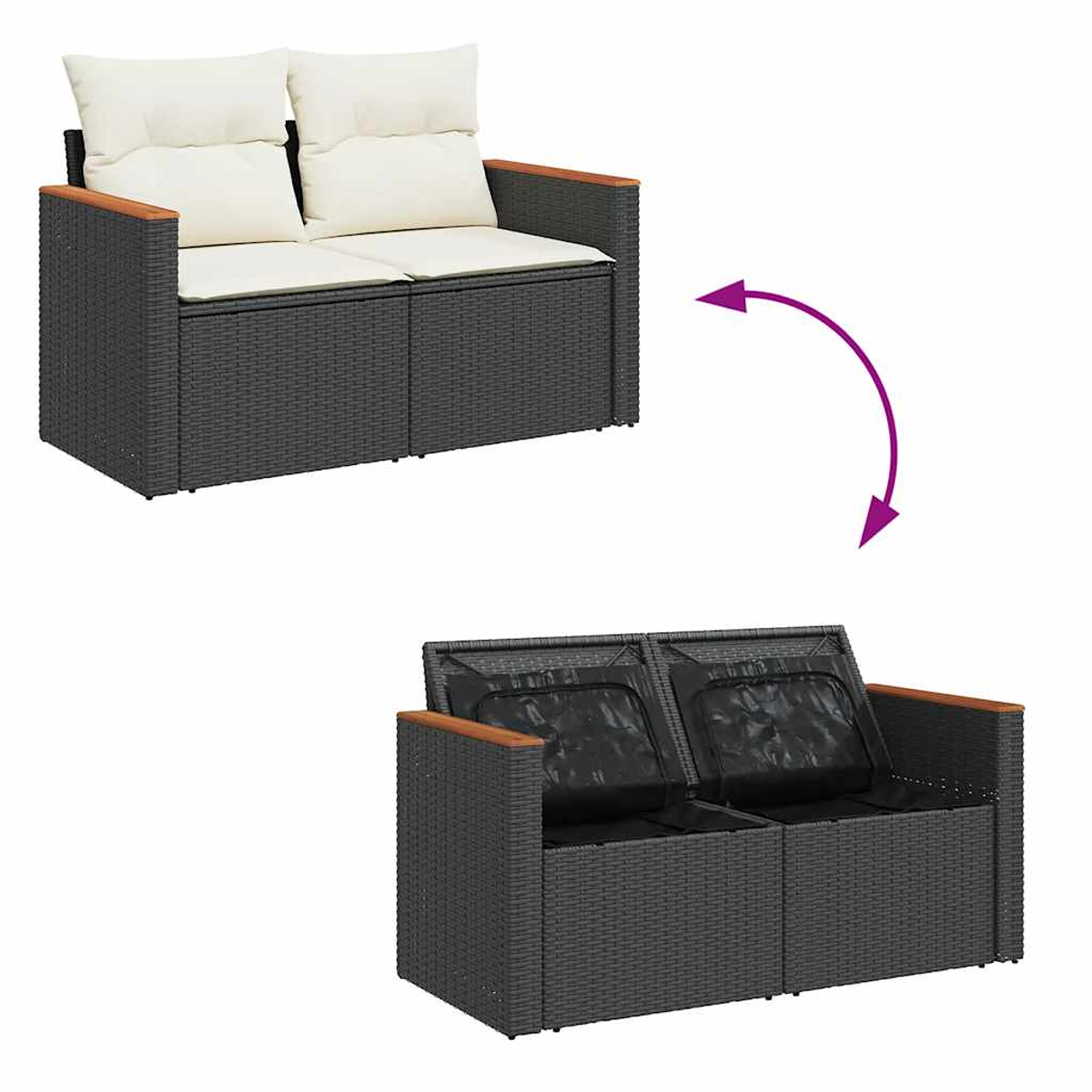 Zweisitziges schwarzes Rattan-Sofa kann mit schwarzen Kissen in ein Tagesbett umgewandelt werden.