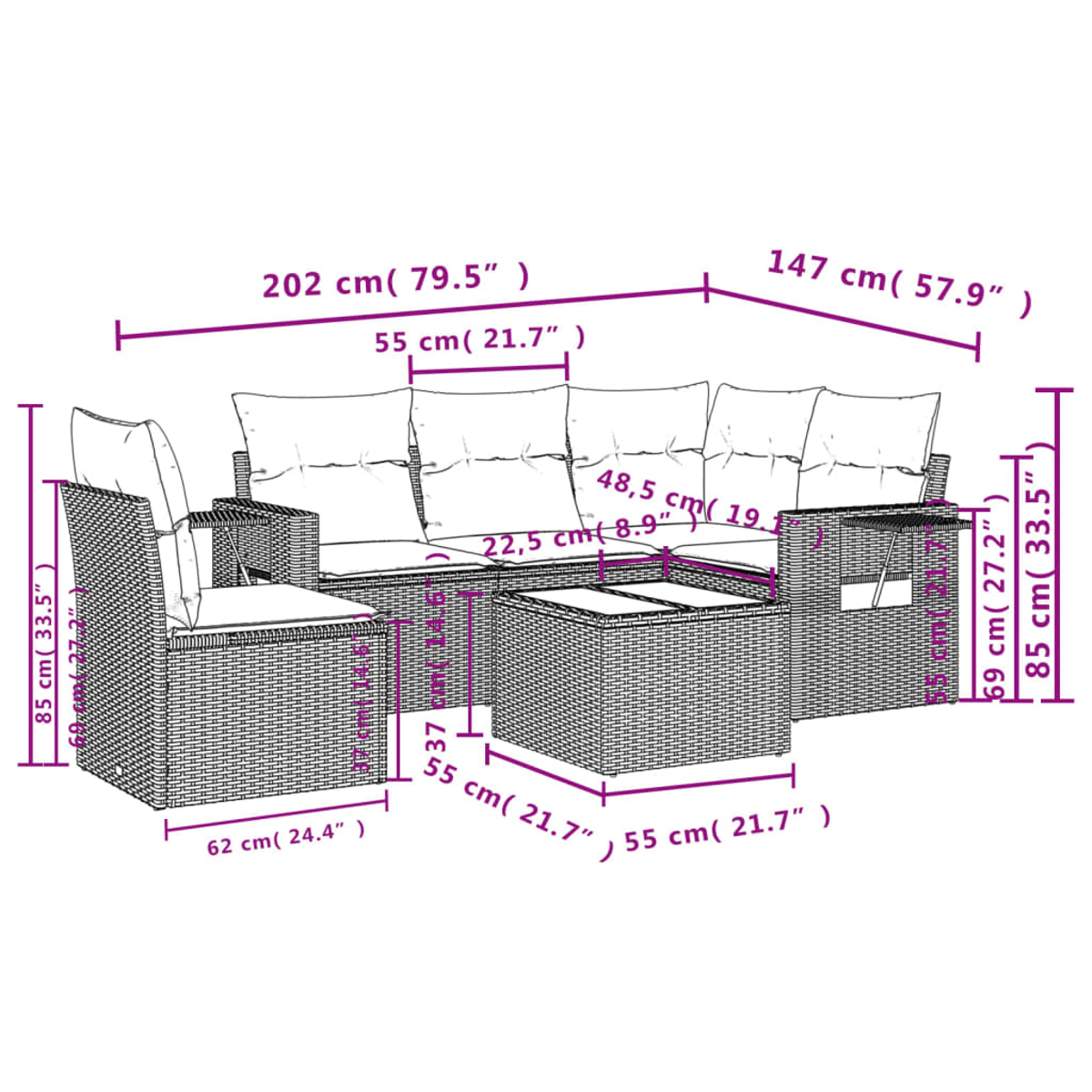 Diagramm eines Rattan-Sofasets für den Außenbereich mit Abmessungen in cm (Zoll).