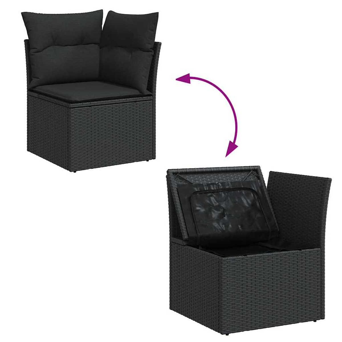 Zwei Rattan-Stühle mit offenem Stauraum, die schwarze Kissen im Inneren zeigen.