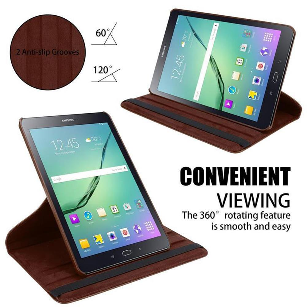 Tablet mit geöffneter Hülle. Zwei Winkel gezeigt. Text: Bequemes Betrachten.