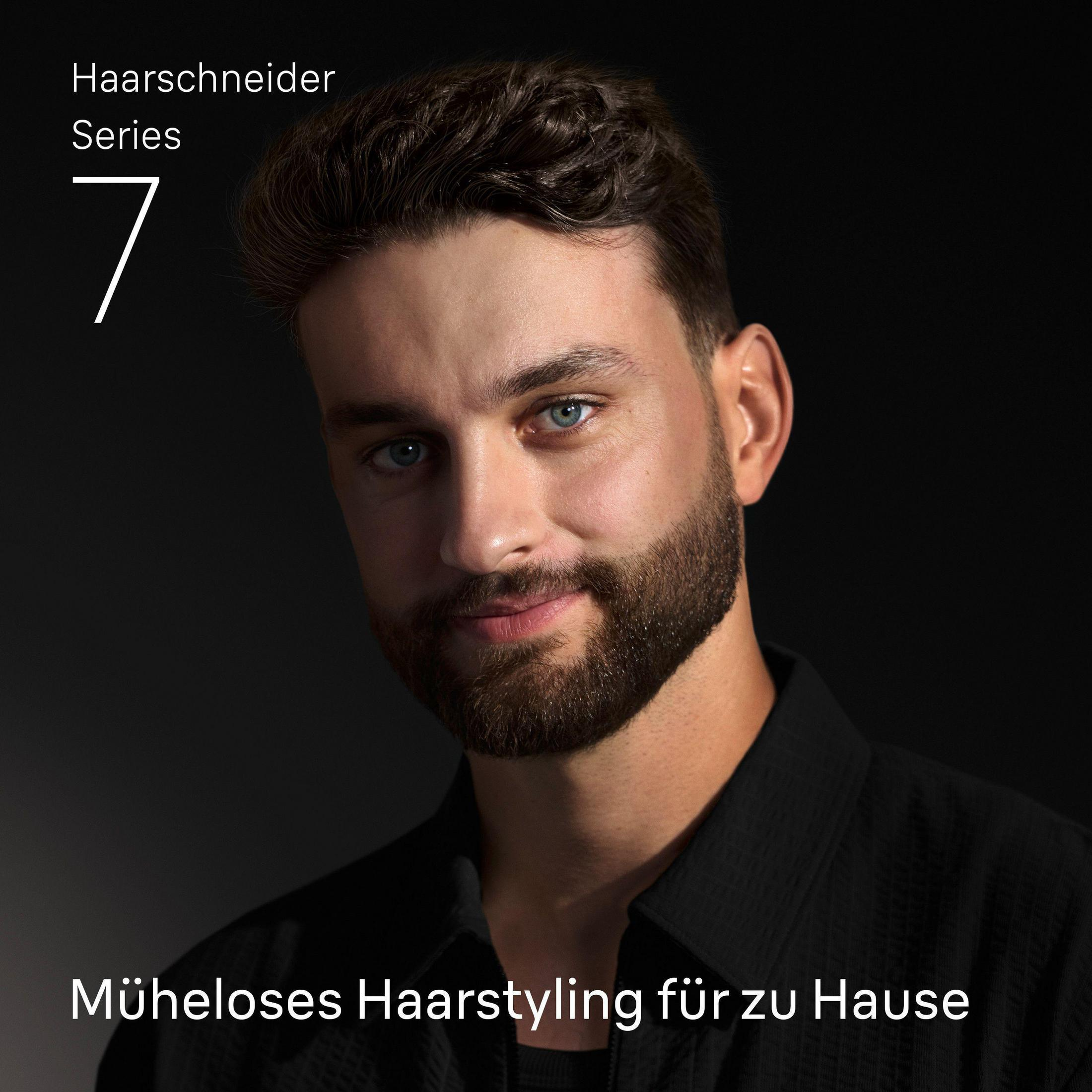 Man with beard smiling, with text 'Haarschneider Series 7' and 'Müheloses Haarstyling'.