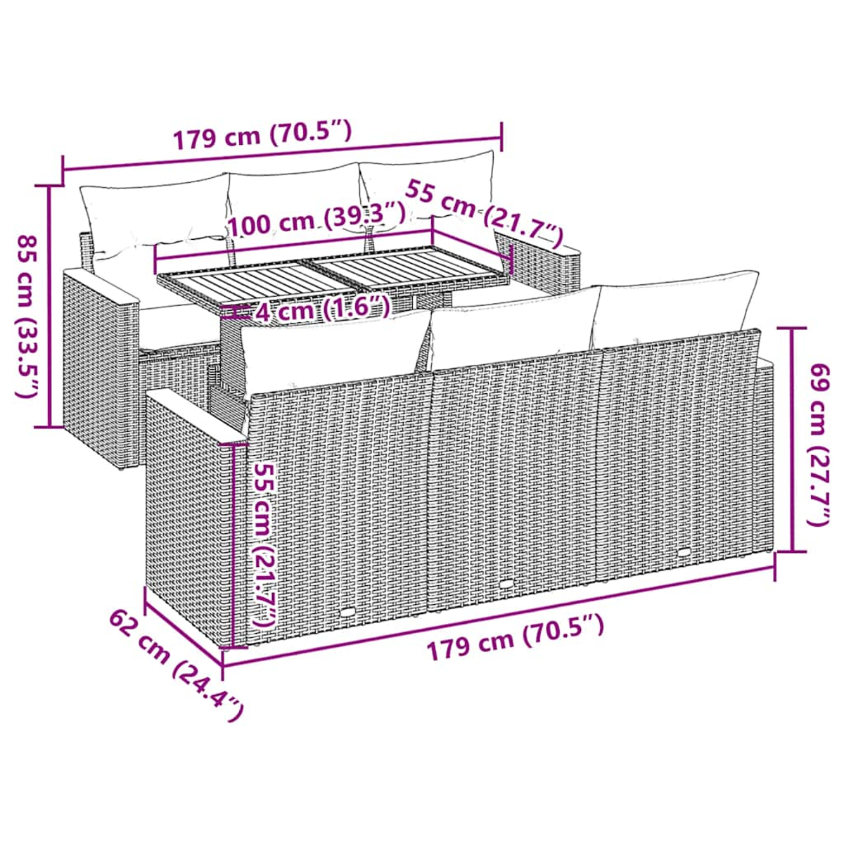Diagramma di un set di divani in rattan con dimensioni in cm e pollici.