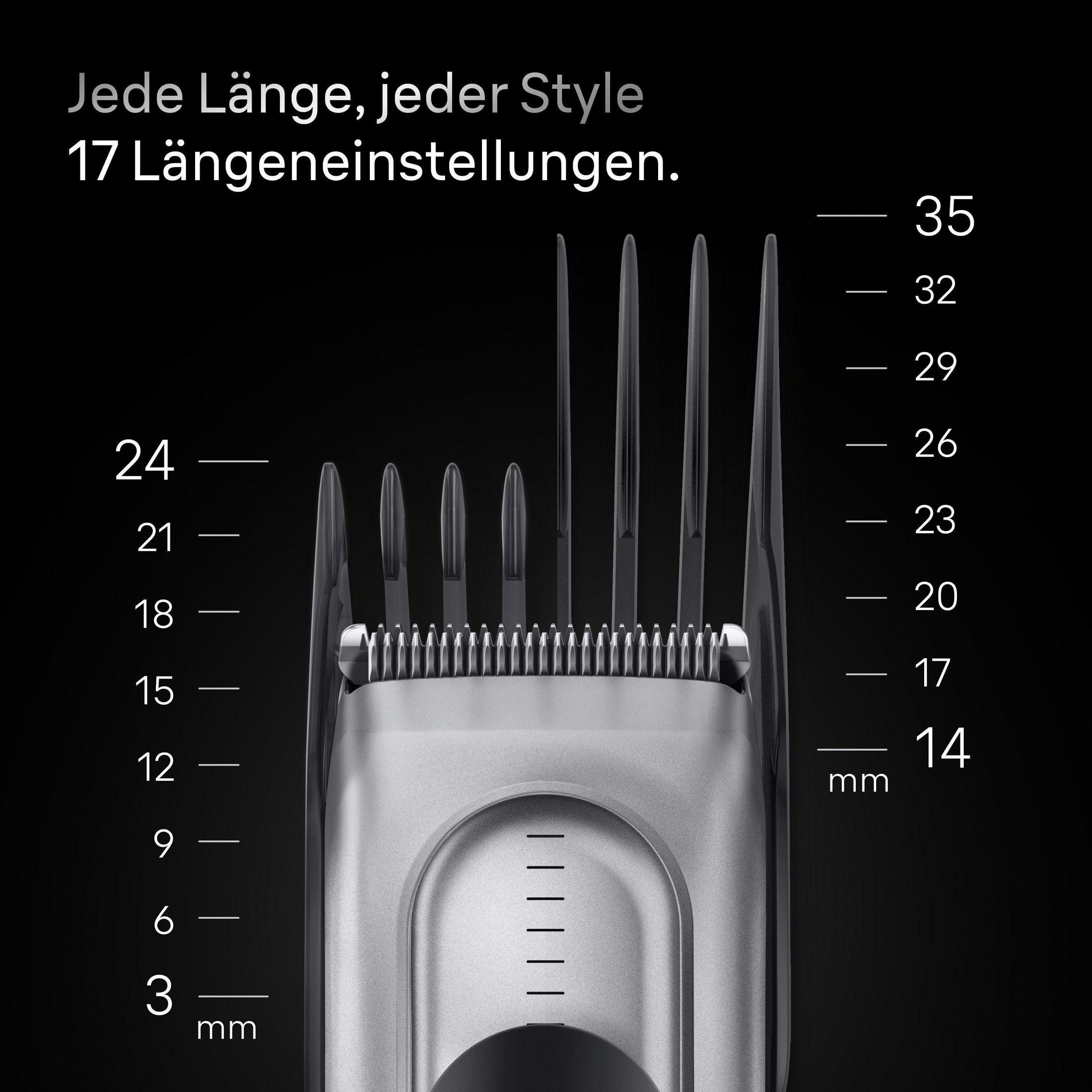 Hair clipper head with length settings. Text 'Jede Länge, jeder Style' is visible.