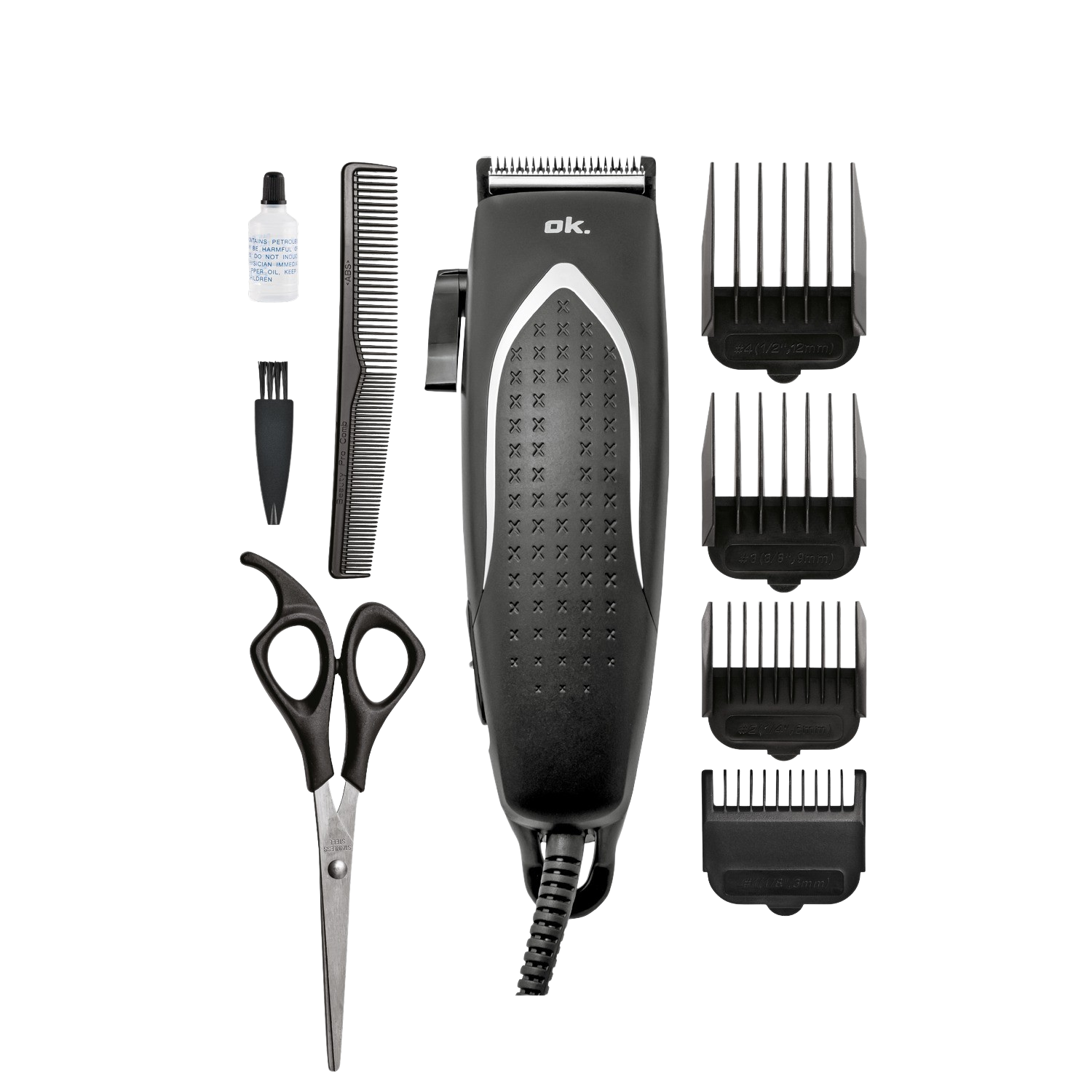 Schwarze Haarschneidemaschine, Kämme, Schere und Aufsätze. Ein Pflege-Set auf schwarzem Untergrund.