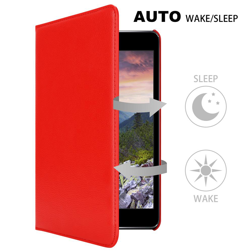 Rote Tablethülle mit Tablet und Text 'AUTO WAKE/SLEEP'. Pfeile zeigen die Funktion an.