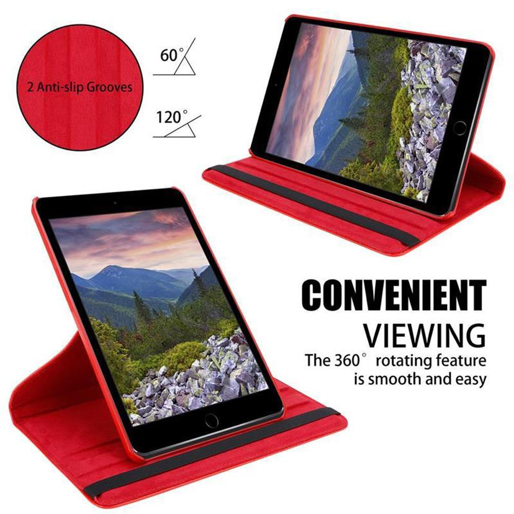 Rote Tablet-Hülle, die ein Tablet in zwei Positionen zeigt, mit Text, der die Funktionen beschreibt.
