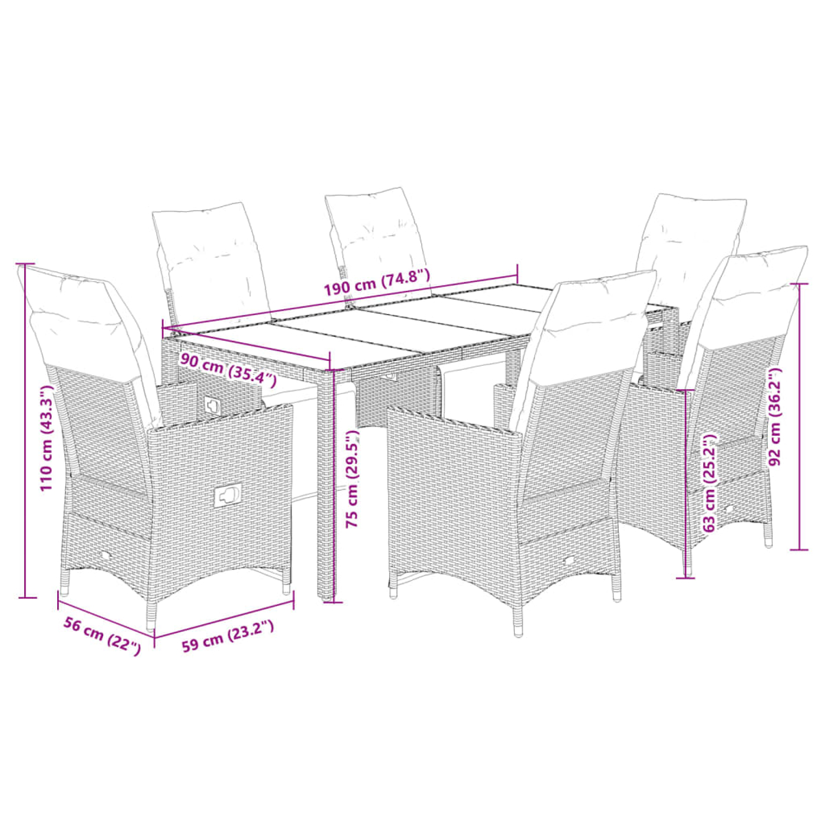 Essgruppe für den Außenbereich mit Rattanstühlen und einem langen Tisch, mit Maßen in cm.