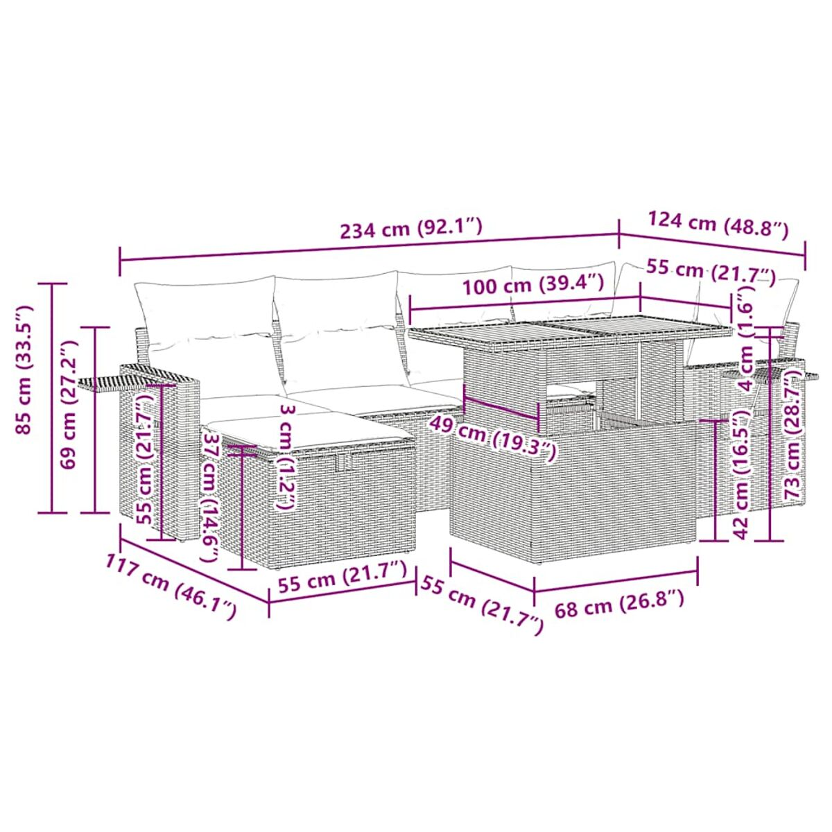 Outdoor-Sofaset aus Korbgeflecht mit Maßen. Enthält Tisch und Ecksofa mit Kissen.
