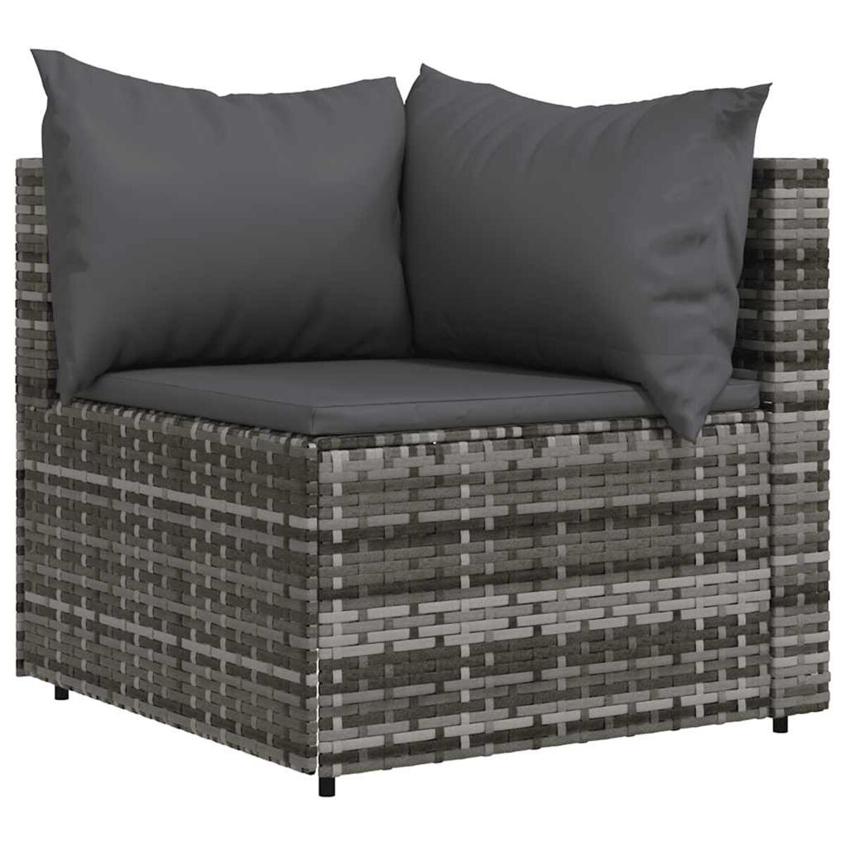 Ecksofa mit grauen Kissen. Das Sofa besteht aus einem gewebten Material, mit weißem Hintergrund.