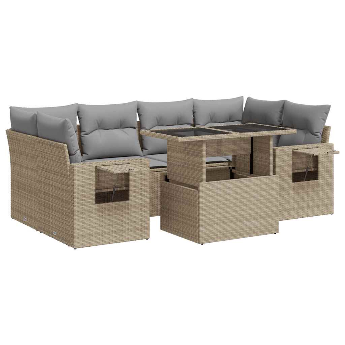 Divano angolare in rattan da esterno con cuscini grigi e tavolino con piano rialzabile.