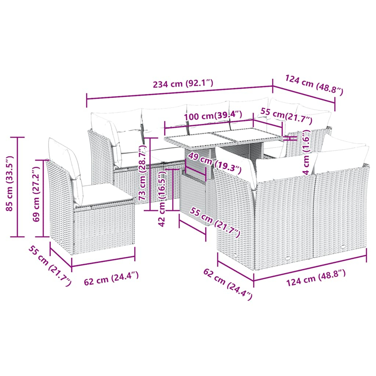 Diagramma di un set di mobili da esterno in rattan con dimensioni in centimetri, inclusi tavolo e sedie.