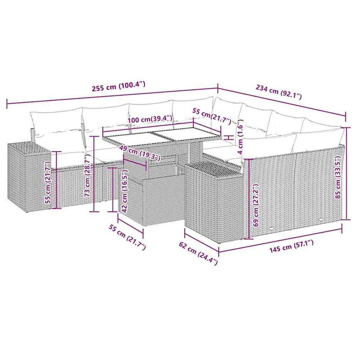 Diagramm eines Rattan-Outdoor-Ecksofas mit Abmessungen und Maßen.