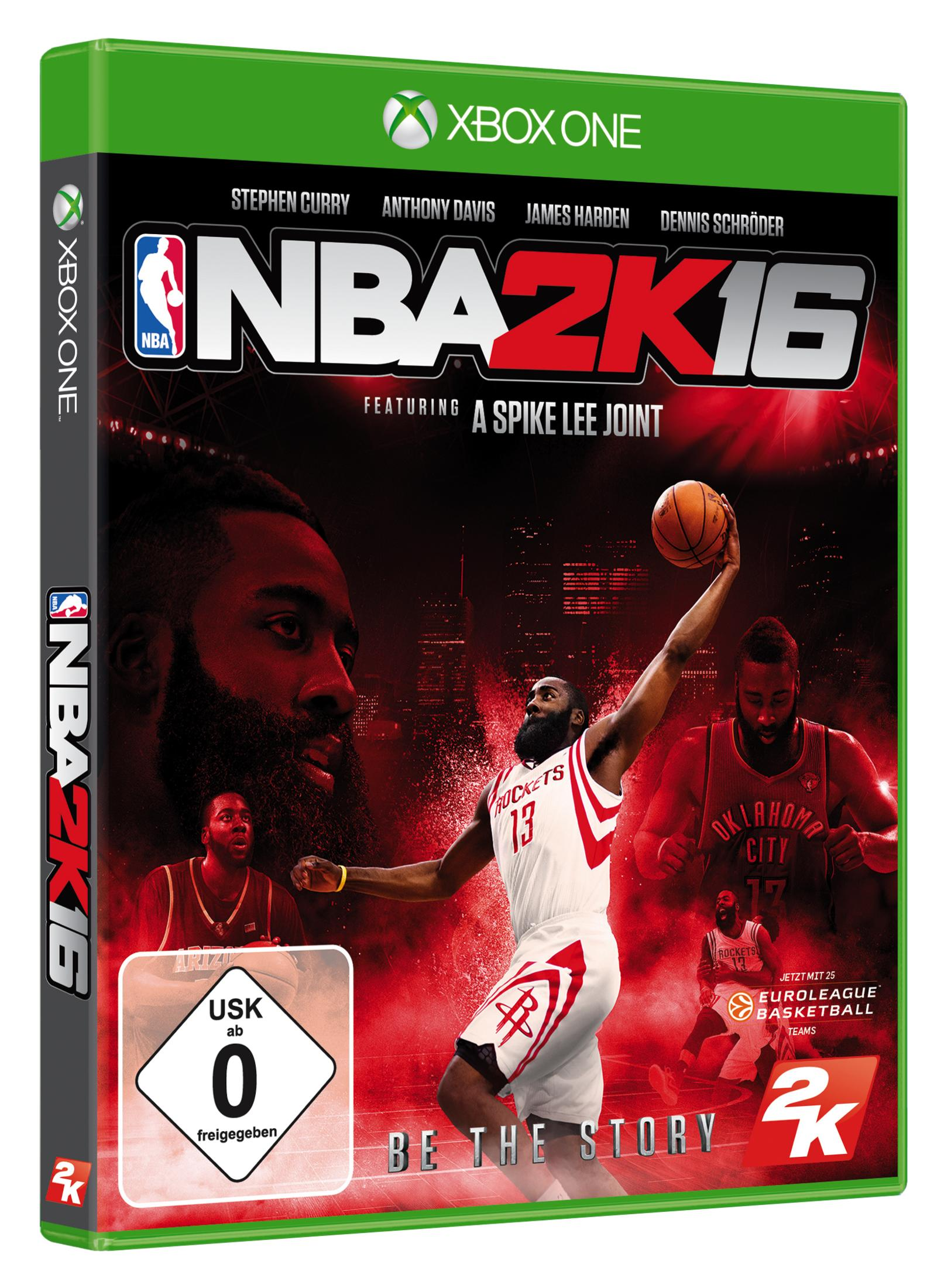 NBA 2K16 Spielcover mit James Harden, Stephen Curry und Anthony Davis auf dem Cover.