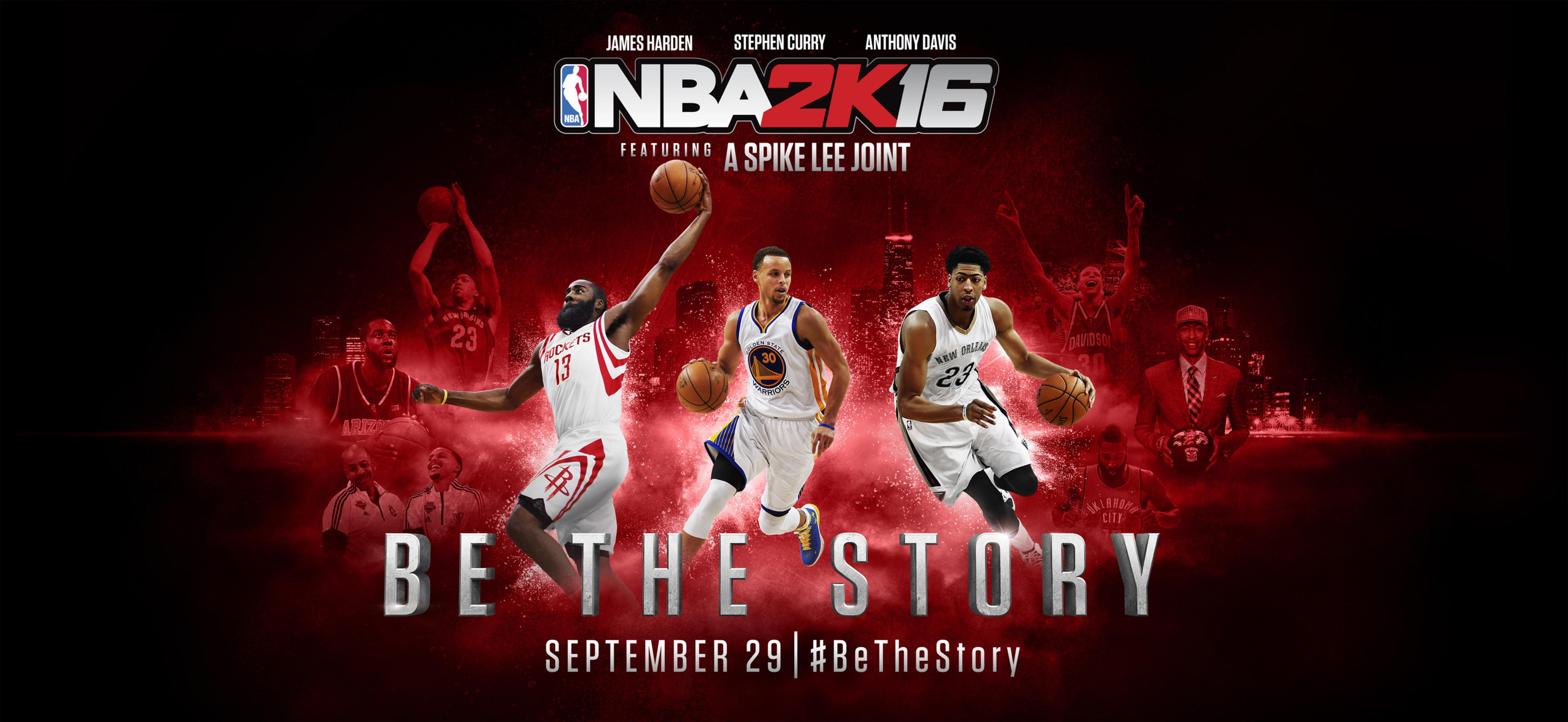 NBA 2K16-Werbung mit James Harden, Stephen Curry und Anthony Davis. Der Slogan lautet 'Be the Story', 29. September.
