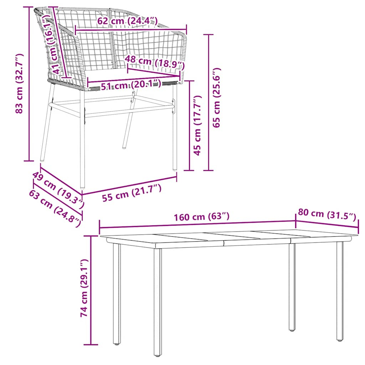 Set sedia e tavolo in vimini con dimensioni. Sfondo bianco.