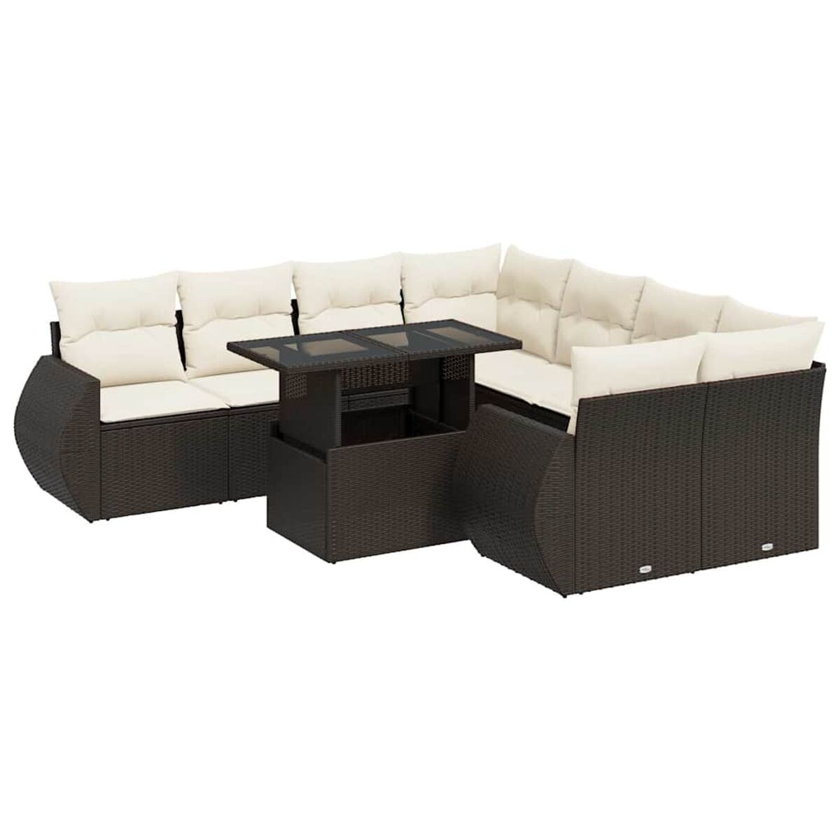 Set divano angolare a L in vimini marrone scuro con dimensioni e cuscini. Sfondo bianco.