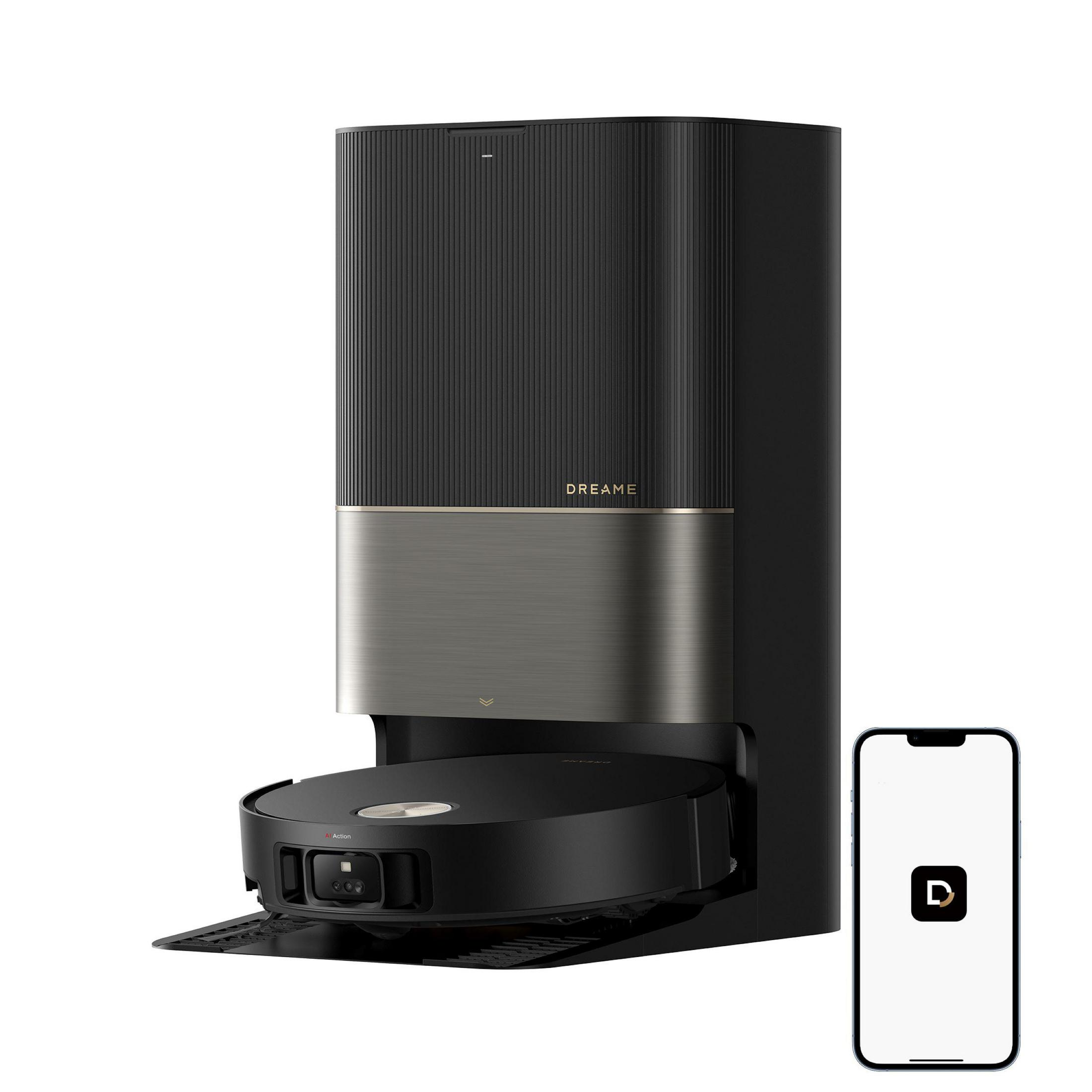 Czarny robot sprzątający ze stacją ładującą i smartfonem. Ma czarny korpus i srebrny pasek.